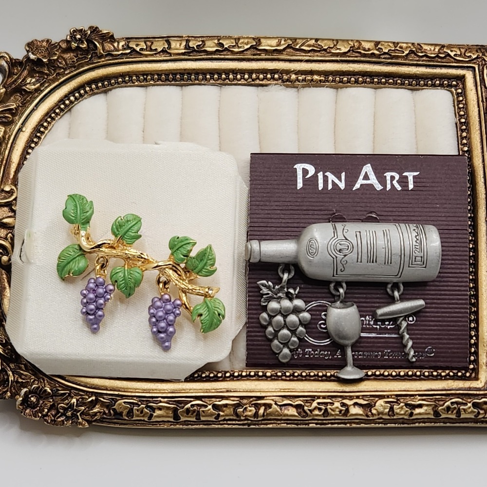 Vintage Wine Bottle Brooch and Enamel Grape Branch Pin Set 2pc‎ Cottagecore